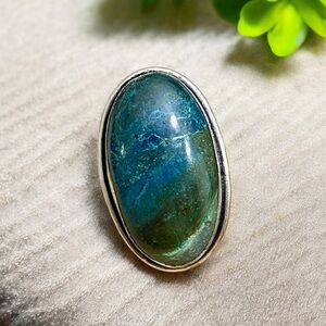 Large Chrysocolla Silver Ring Size 7.5 Blue & Green